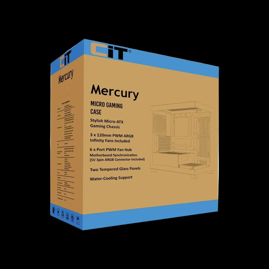 CiT Mercury Micro ATX Gaming PC Case with Dual Tempered Glass | 3× Infinity ARGB PWM Fans | 6-Port Fan Hub | 360mm Radiator Support | USB 3.0 – Black