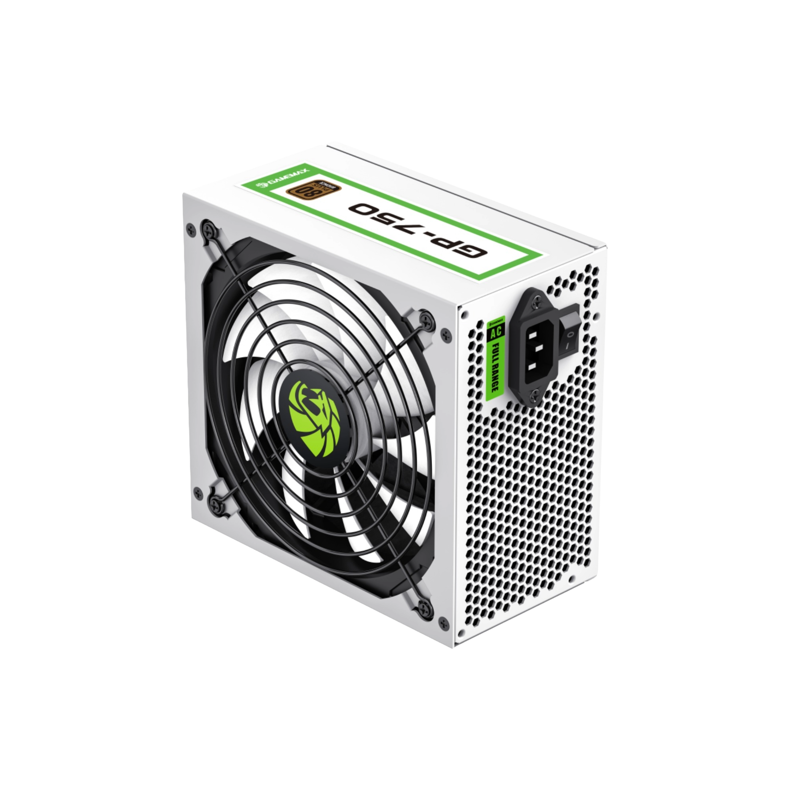 Computer power supply unit with fan on a white background