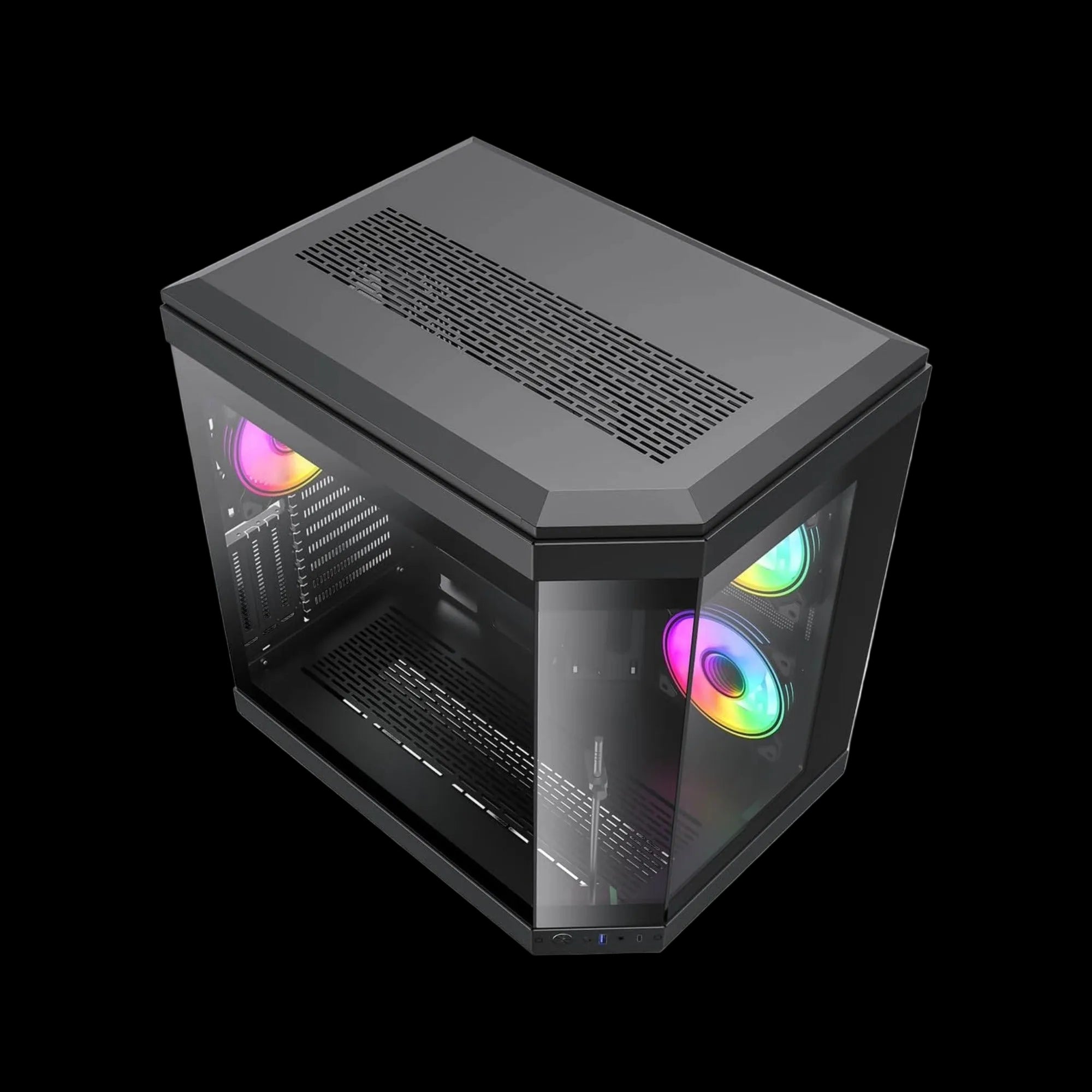 Front view of GameMax Hype Black panoramic gaming case