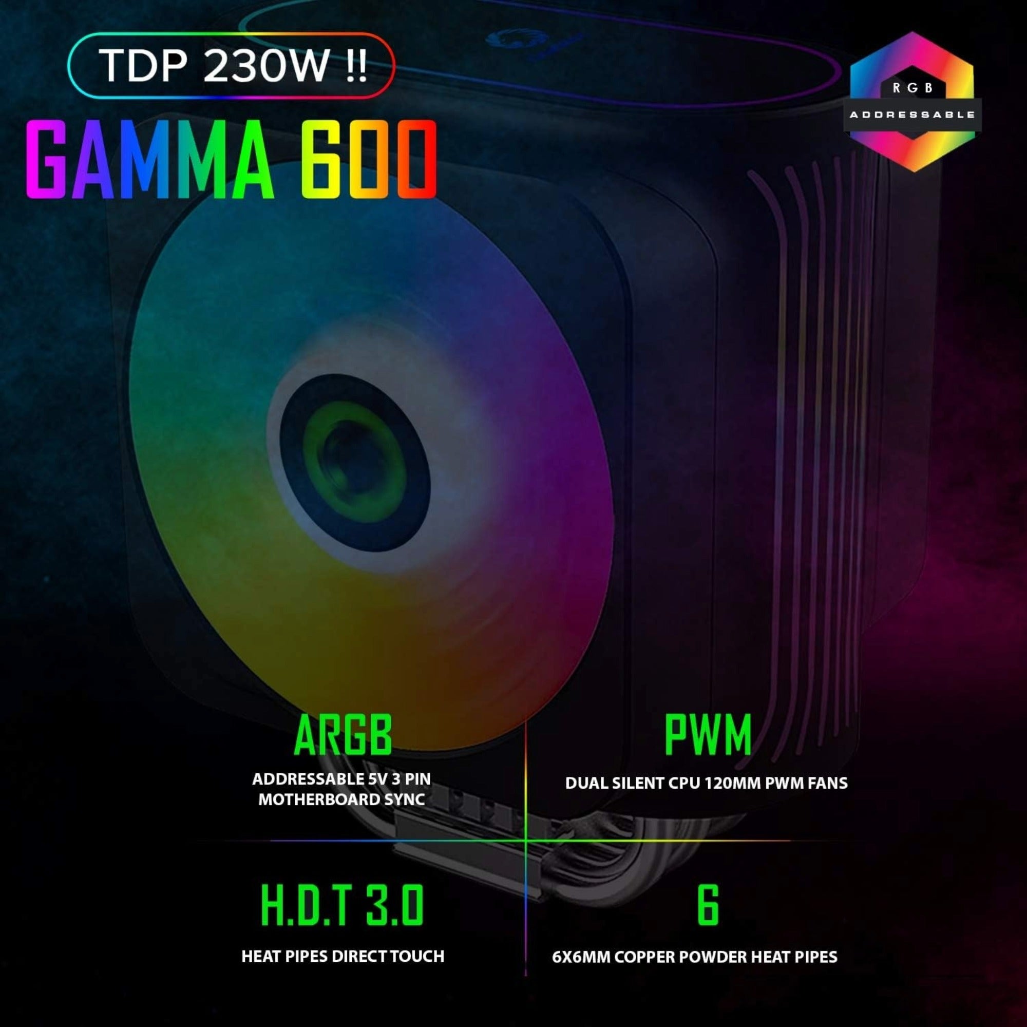 GameMax Gamma 600 ARGB air cooler with six copper heatpipes