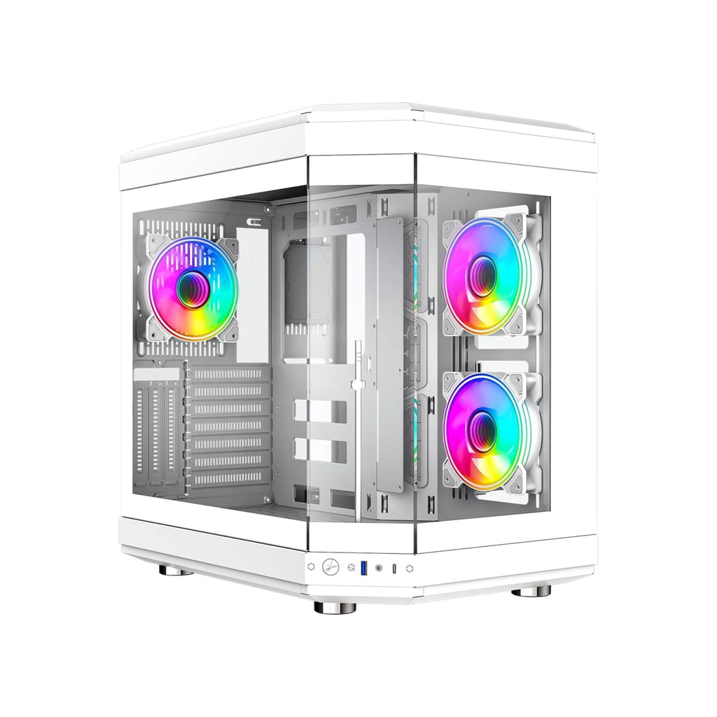 White computer case with RGB lighting on a white background