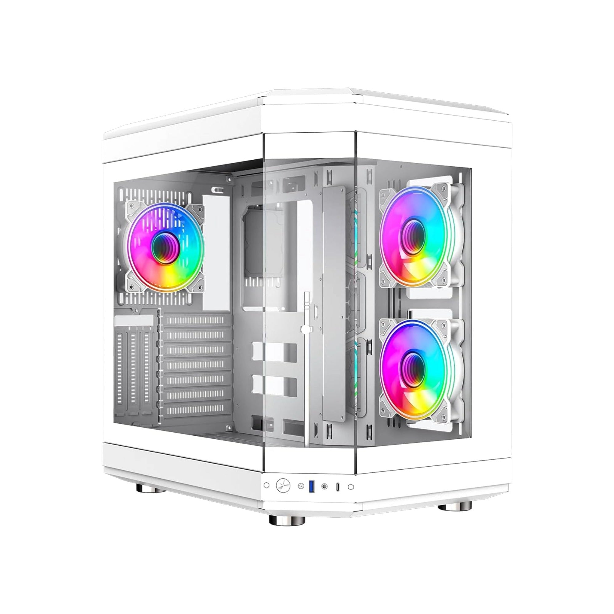 White computer case with RGB lighting on a white background