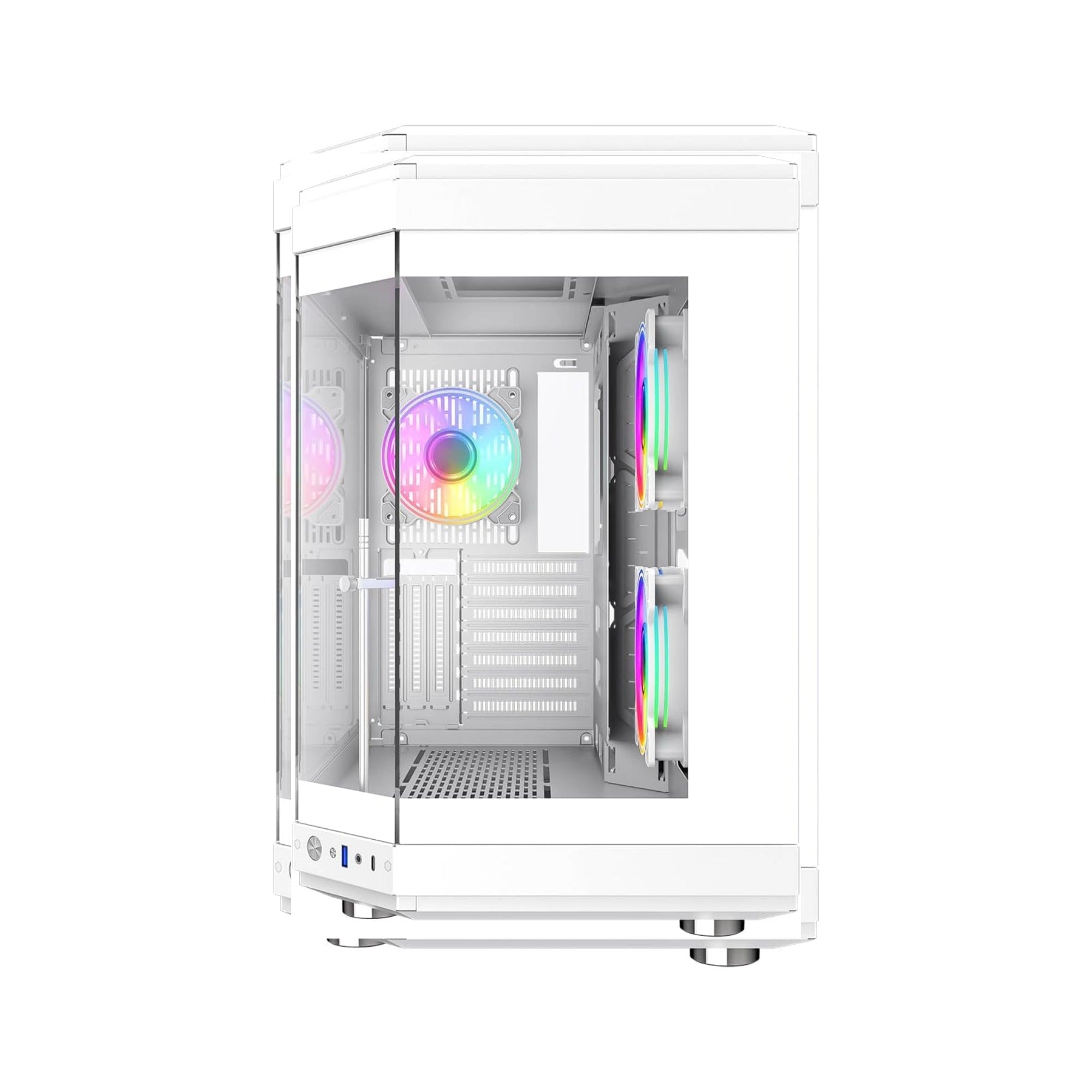 White computer case with RGB lighting on a white background