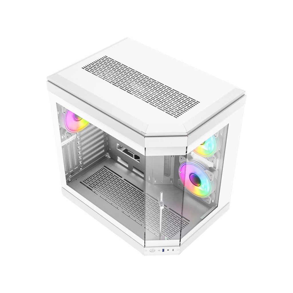White computer case with RGB lighting on a white background