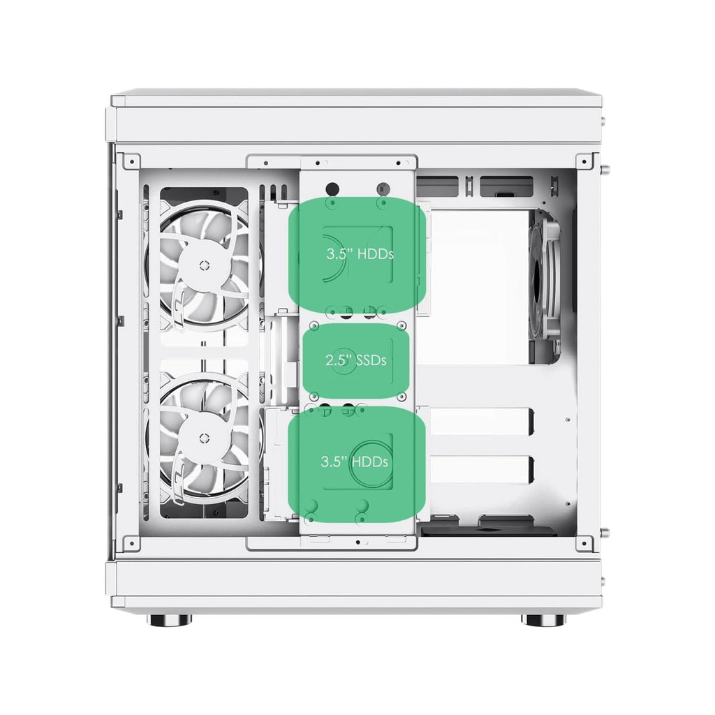 Computer case with labeled hard drive bays on a white background