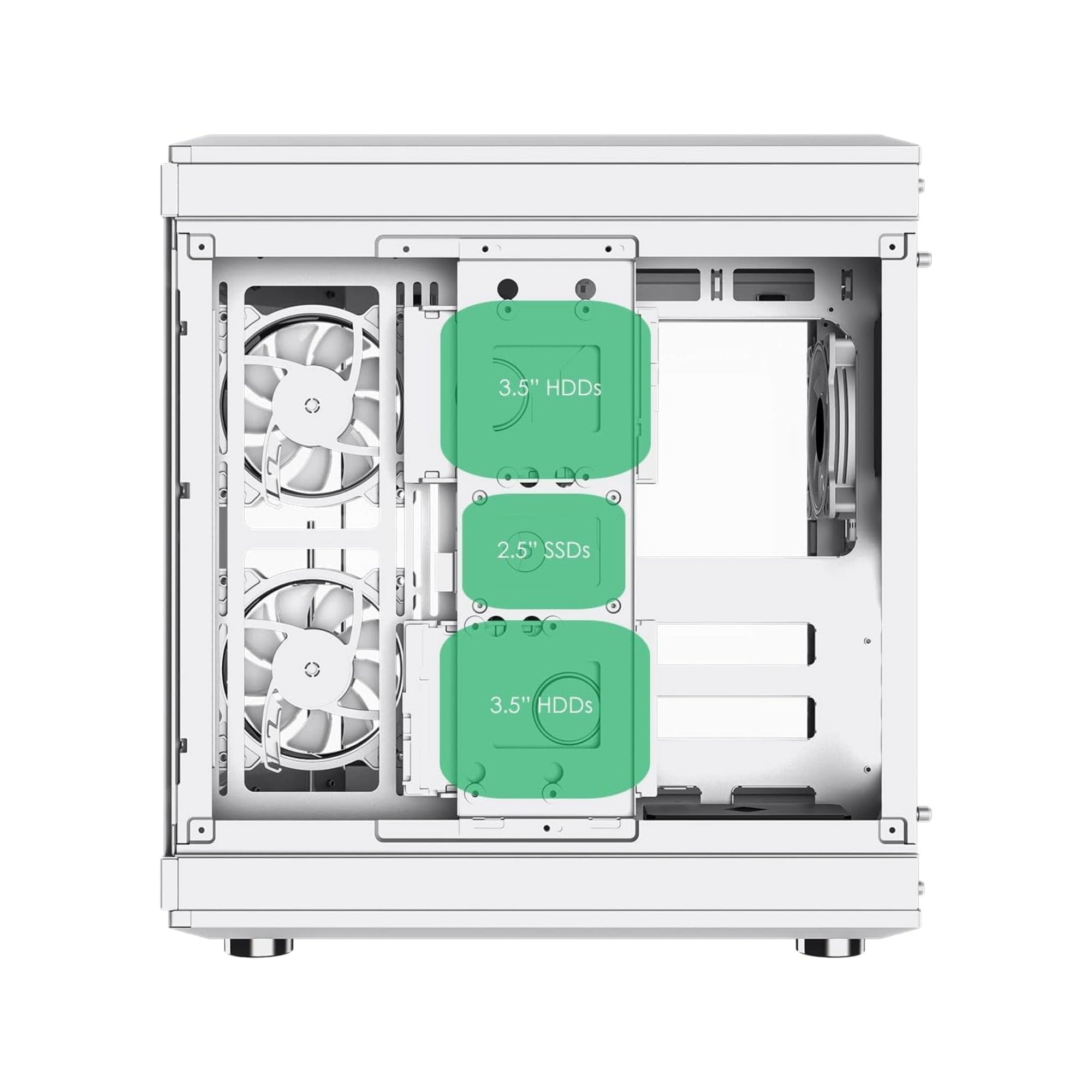 Computer case with labeled hard drive bays on a white background