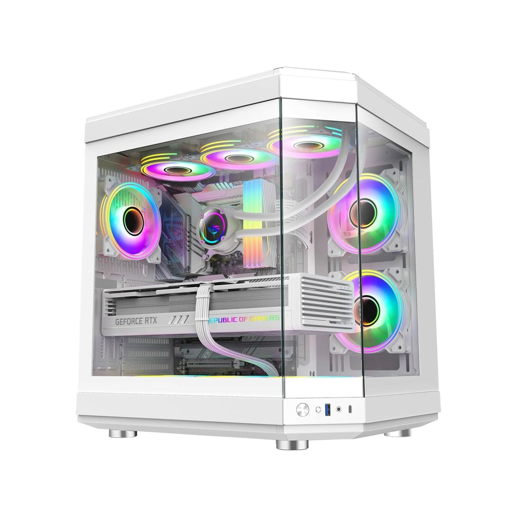 White computer case with RGB lighting on a white background