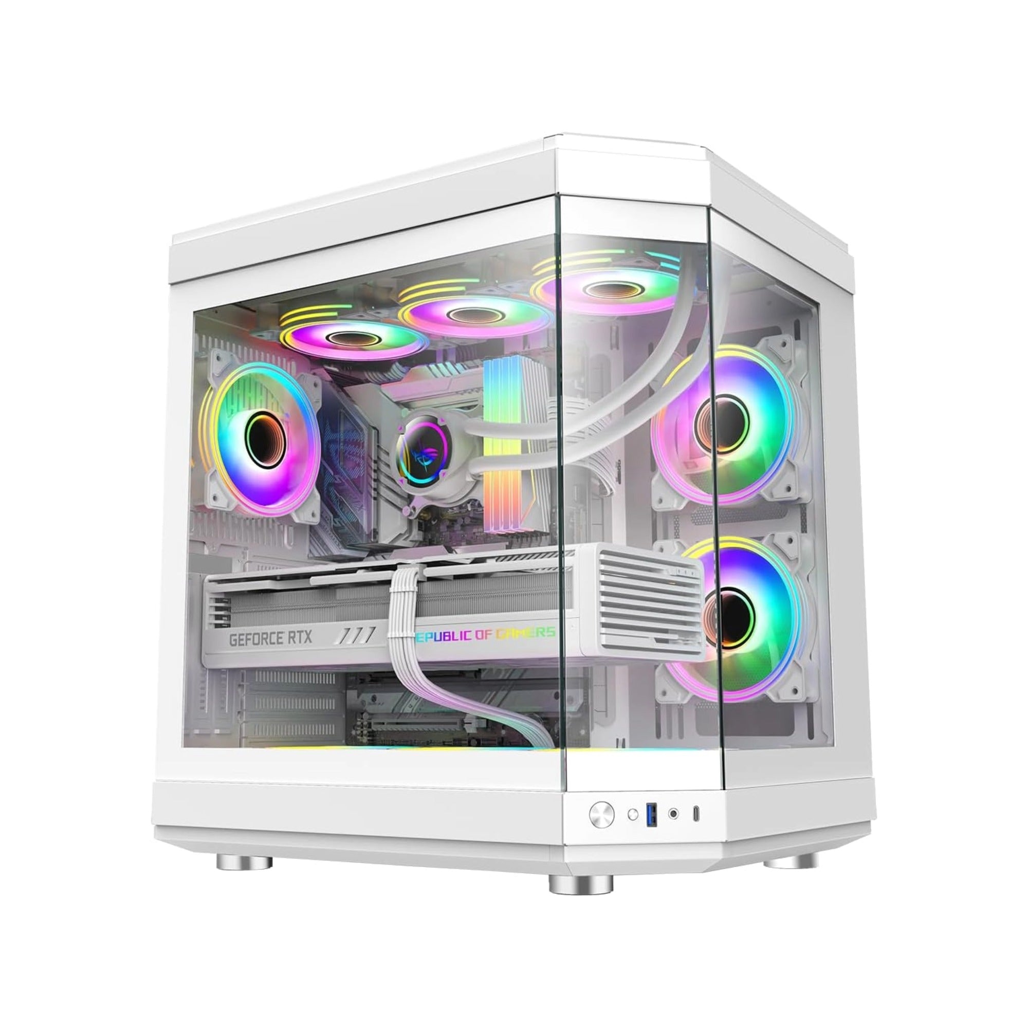 White computer case with RGB lighting on a white background