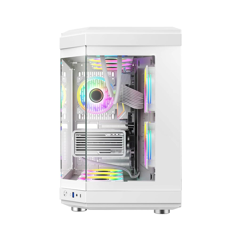 White computer case with RGB lighting on a white background