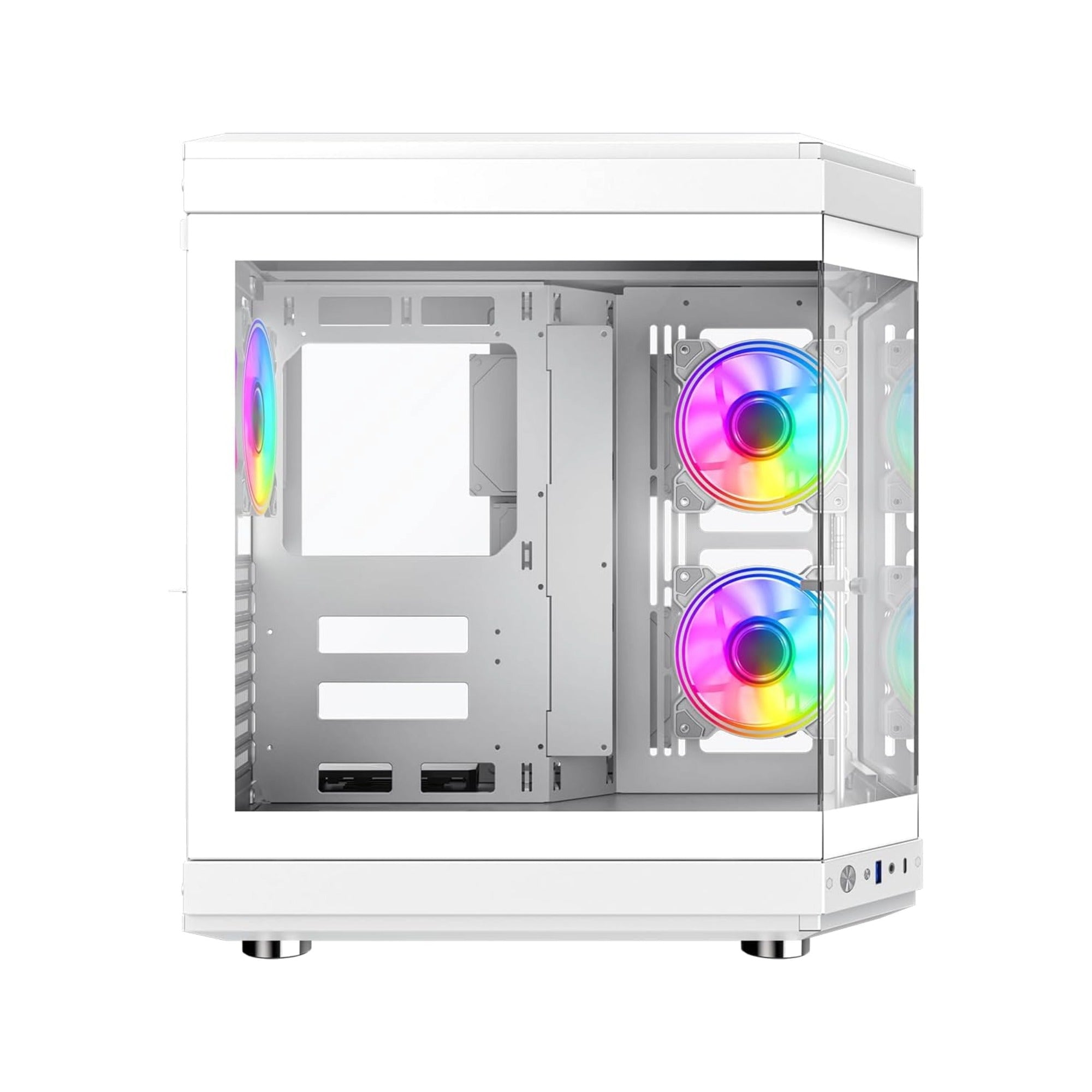 White computer case with RGB lighting on a white background