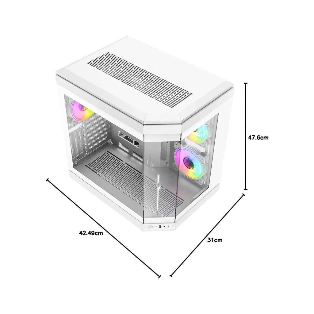 White computer case with RGB lighting and dimensions displayed