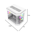 White computer case with RGB lighting and dimensions displayed