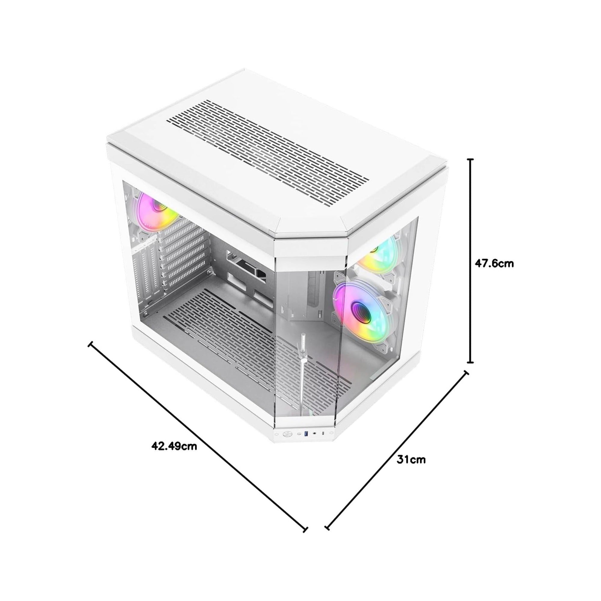 White computer case with RGB lighting and dimensions displayed