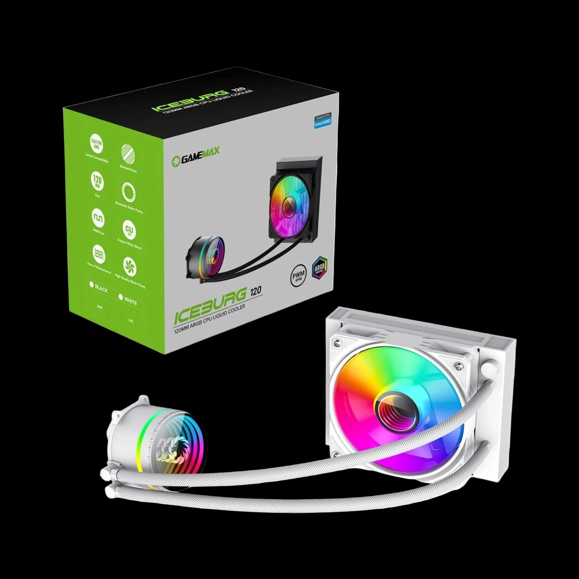 GameMax Iceburg 120mm ARGB liquid CPU cooler with infinity mirror pump
