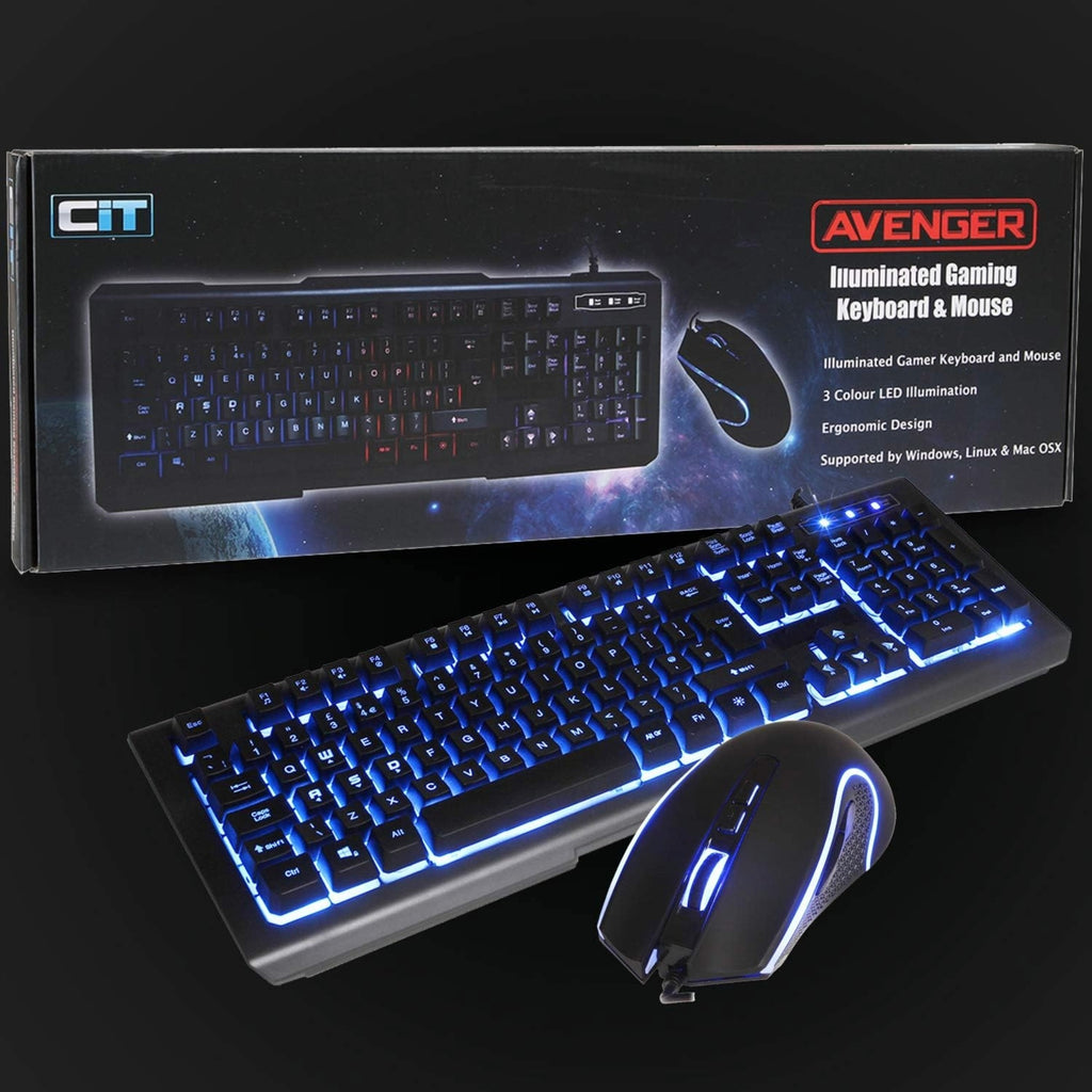 CiT Avenger three-colour LED keyboard and mouse for desktop computers