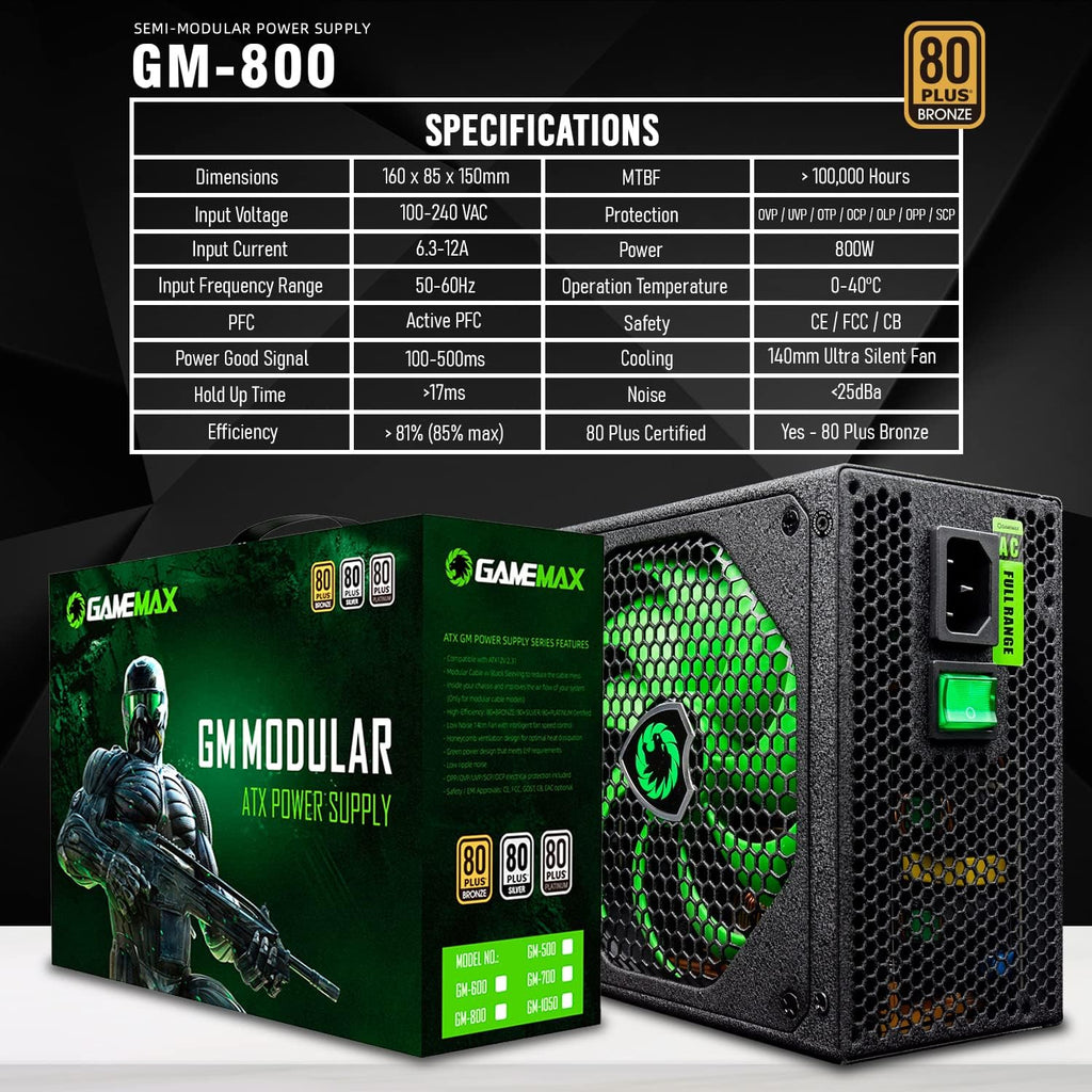 GameMax GM-800 80 Plus Bronze 800W Modular ATX Power Supply – Black - WebTro